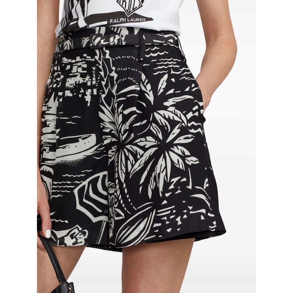 Ralph Lauren Purple Label Silk Keri Beach-Print Silk Gauze‎ Short Black White
